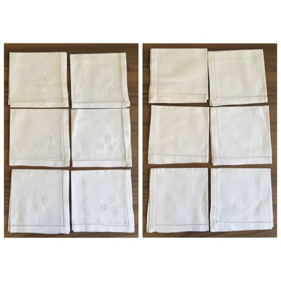 6 Vintage White Linen Napkins 12"x12" Reticulated Edges & Floral Embroidery - Picture 7 of 9